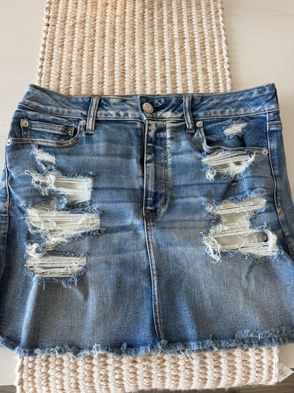 American Eagle Outfitters Light Blue Distressed Denim Mini Skirt
